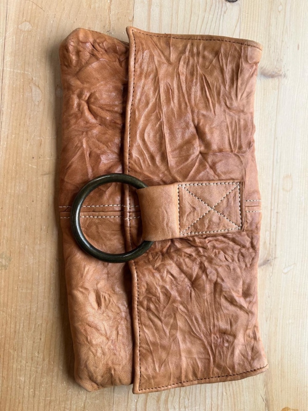 Natural Leather Rebecca Ciccio Clutch with Brass Ring Detail